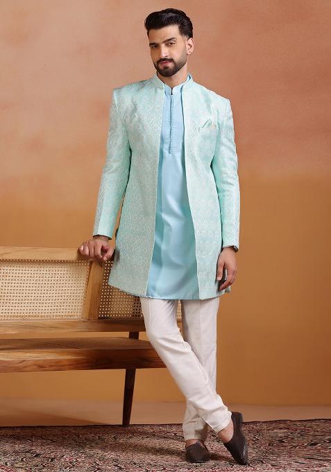 Sky Blue Embroidery Jacquard Sherwani Set For Men