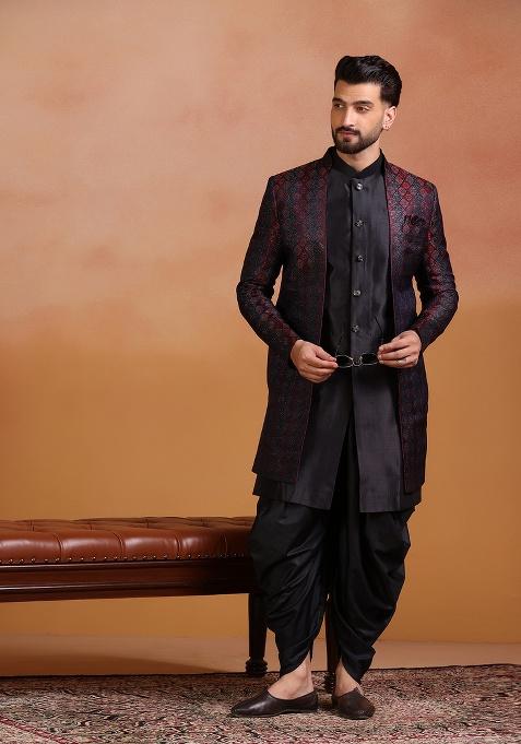Red Embroidery Jacquard Sherwani Set For Men