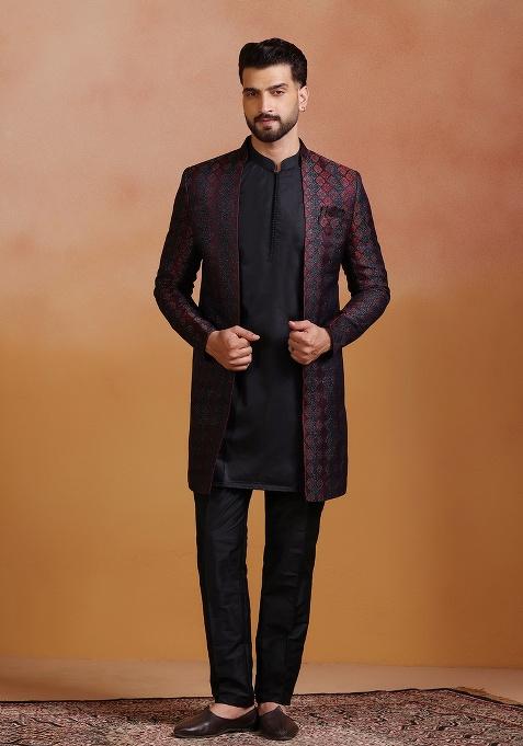Red Embroidery Jacquard Sherwani Set For Men