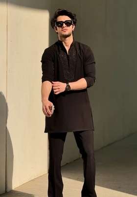 Black Embroidery Rayon Kurta Set For Men