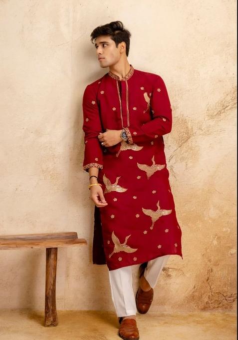 Red Embroidery Roman Kurta For Men