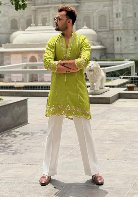 Olive Yellow Embroidery Rayon Kurta For Men