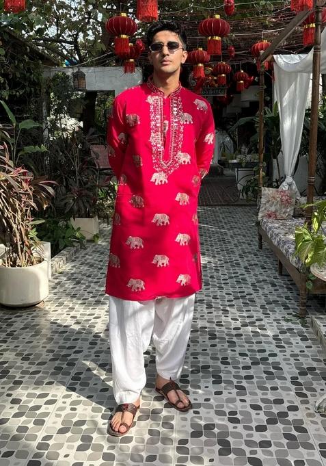 Pink Embroidery Rayon Kurta For Men
