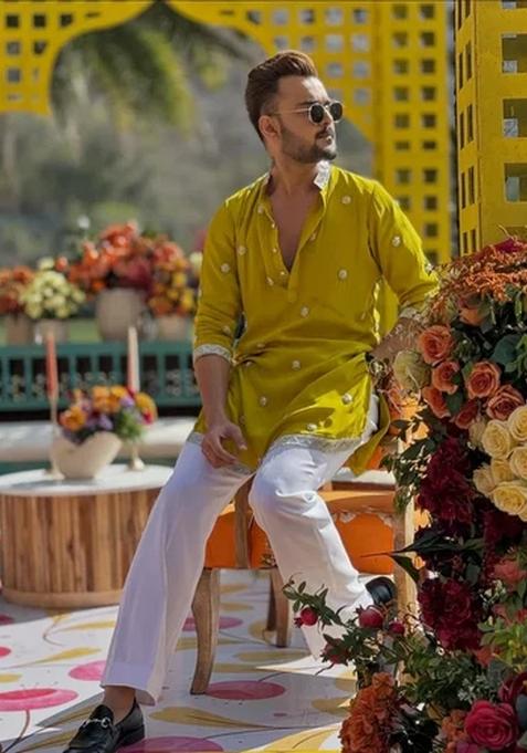 Yellow Embroidery Rayon Kurta For Men