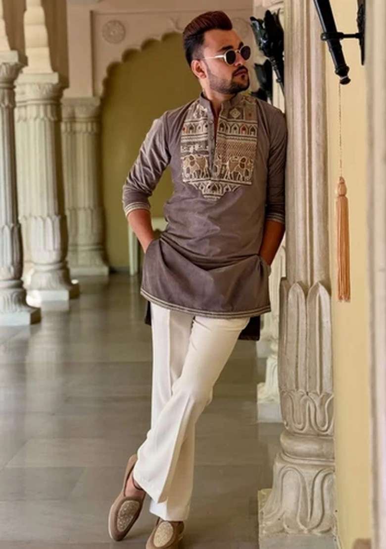 Purple And Gray Embroidery Gajji Kurta For Men - Indya
