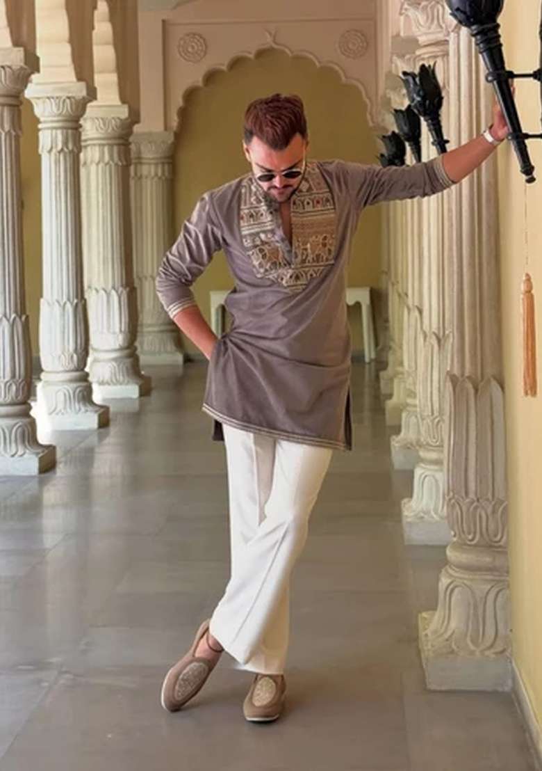Purple And Gray Embroidery Gajji Kurta For Men - Indya
