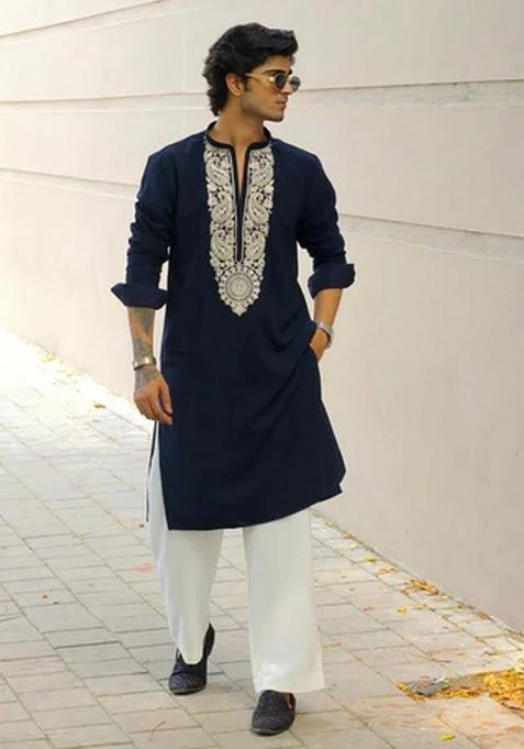 Blue Embroidery Gajji Kurta For Men