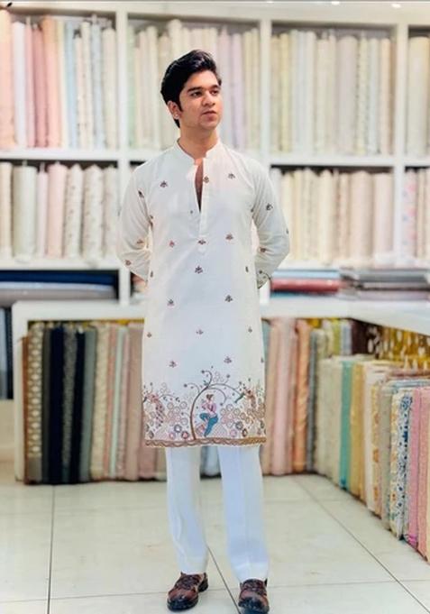 White Embroidery Rayon Kurta For Men