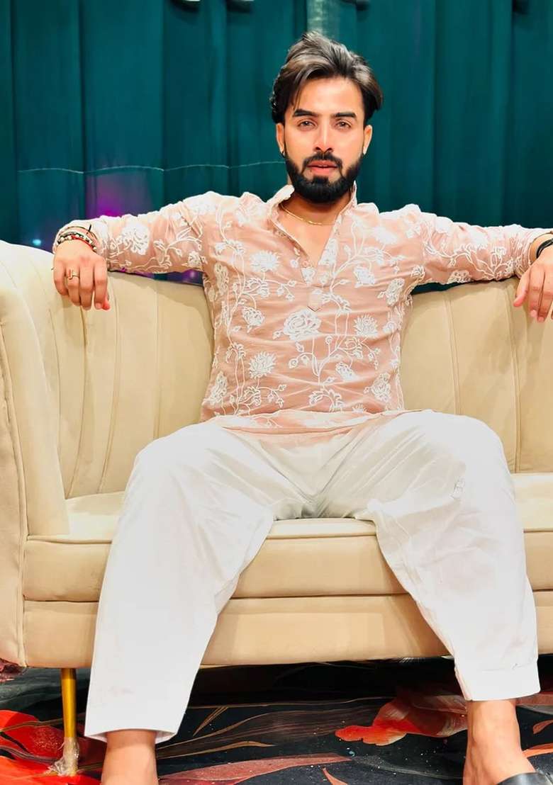 Peach Embroidery Silk Kurta For Men - Indya