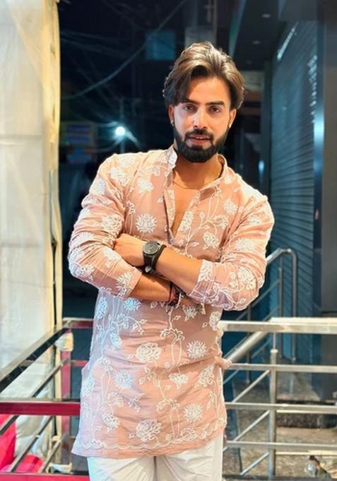 Peach Embroidery Silk Kurta For Men
