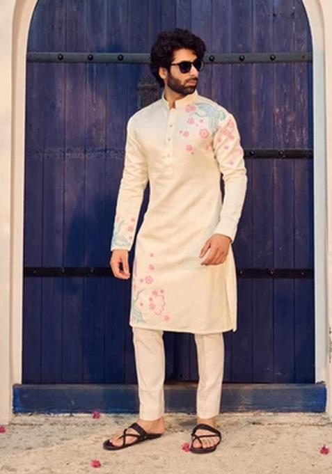 White Embroidery Gajji Kurta For Men