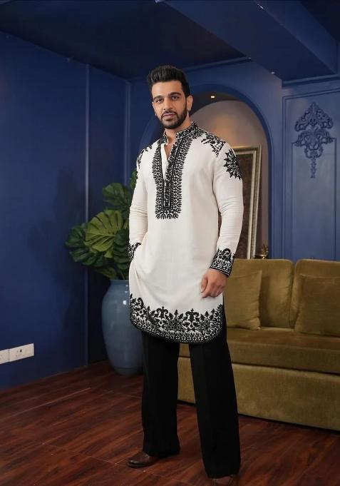 White Embroidery Silk Kurta For Men