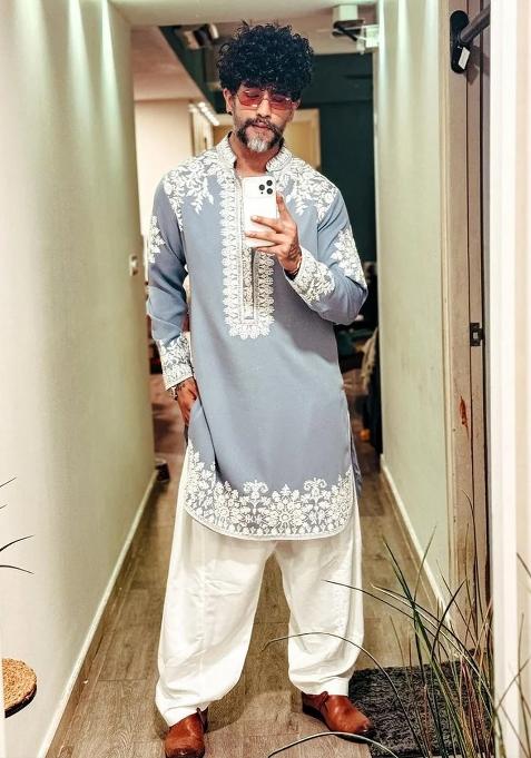 Sky Blue Embroidery Silk Kurta For Men
