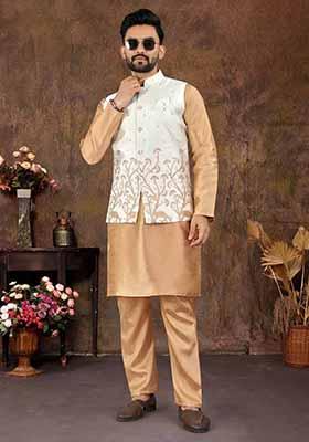 Golden Solid Heavy Silk Nehru Jacket Set For Men