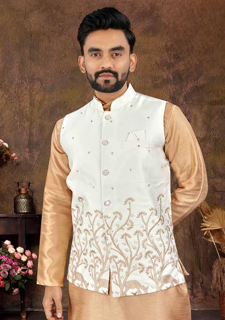 Golden Solid Heavy Silk Nehru Jacket Set For Men