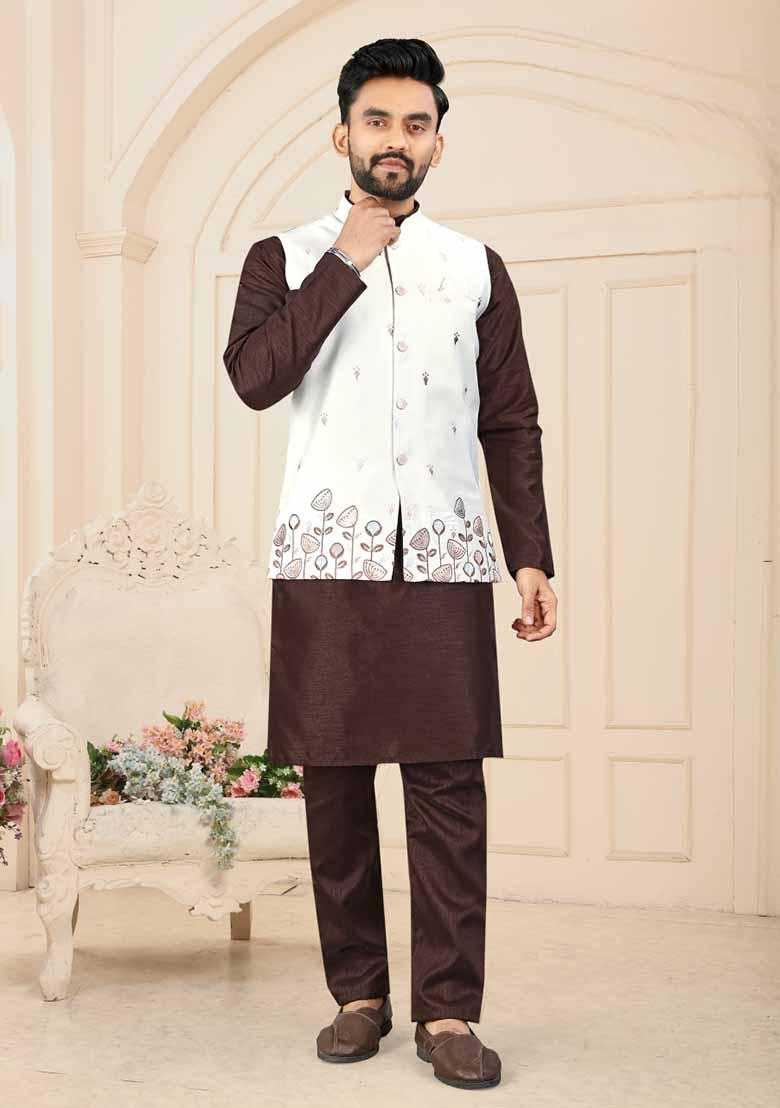 Brown Solid Heavy Silk Nehru Jacket Set For Men