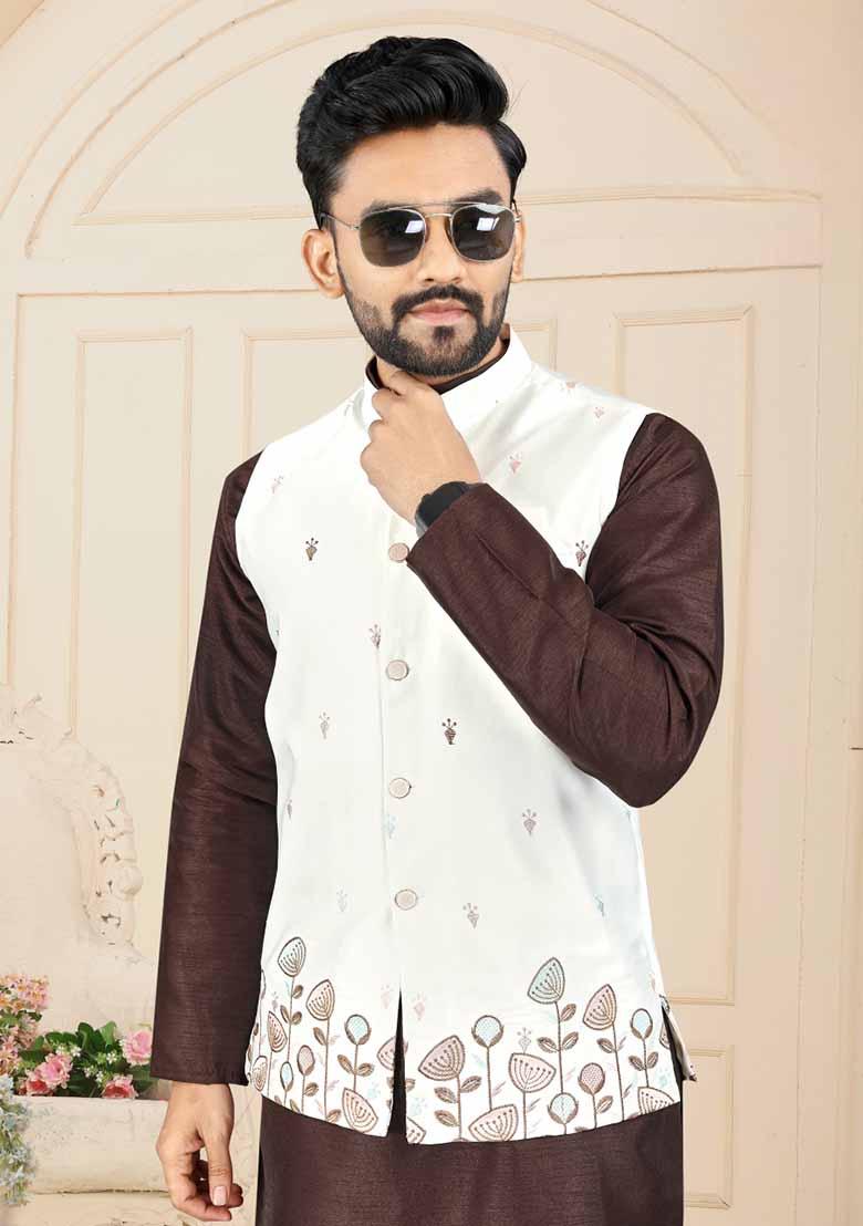 Brown Solid Heavy Silk Nehru Jacket Set For Men