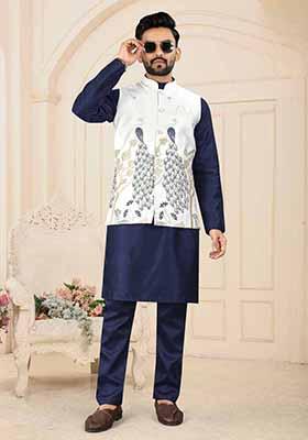 Navy Blue Solid Heavy Silk Nehru Jacket Set For Men