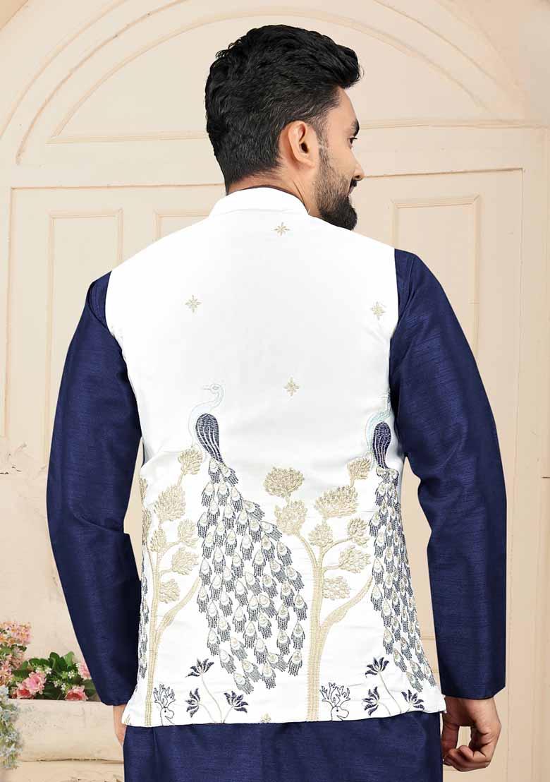 Navy Blue Solid Heavy Silk Nehru Jacket Set For Men