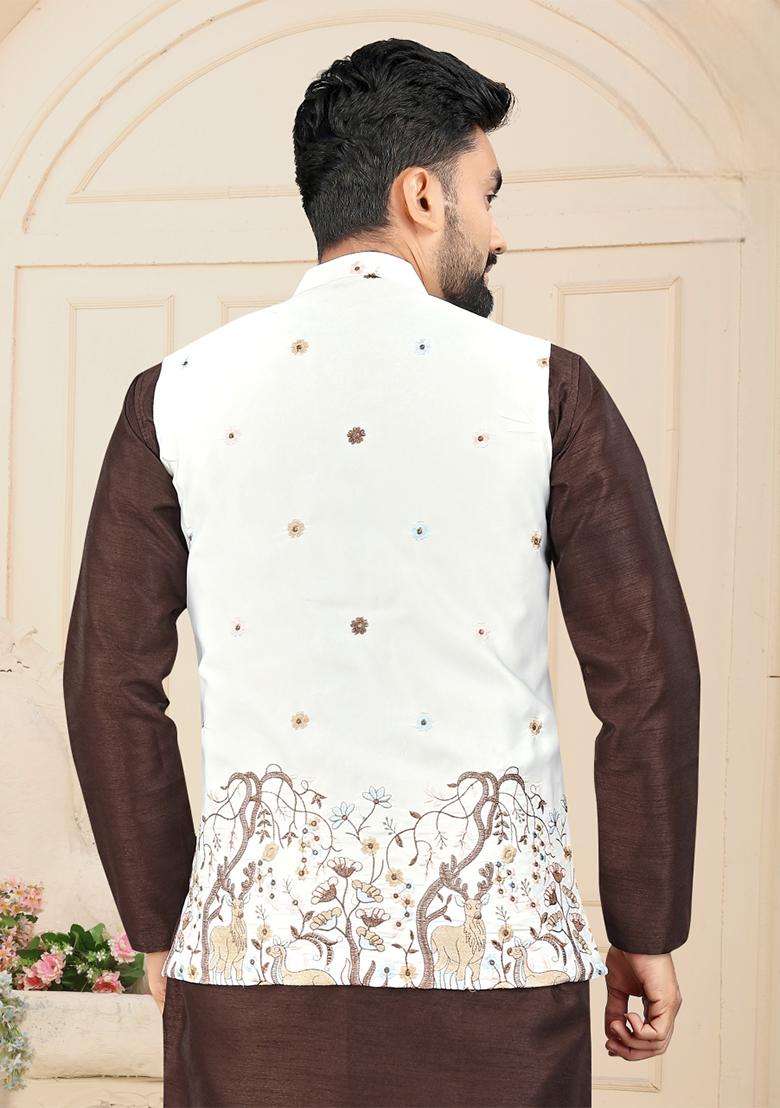Brown Solid Heavy Silk Nehru Jacket Set For Men