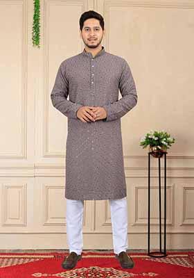 Grey Solid Rayon Kurta Set For Men