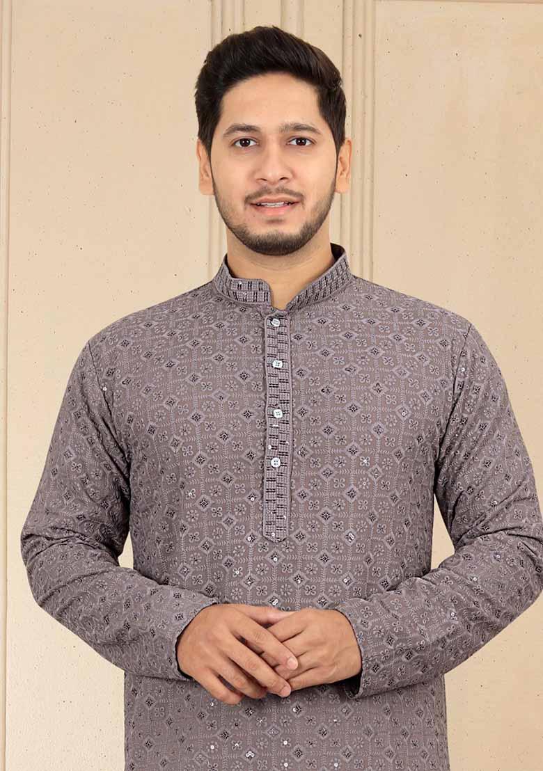 Grey Solid Rayon Kurta Set For Men