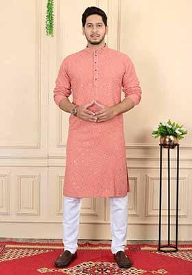 Peach Solid Rayon Kurta Set For Men
