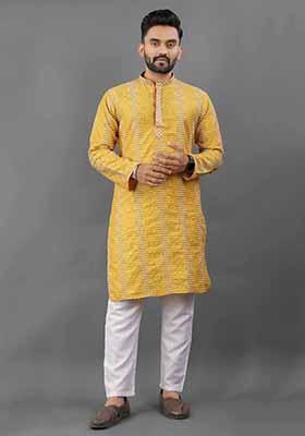 Yellow Solid Poly Blend Kurta Set For Men