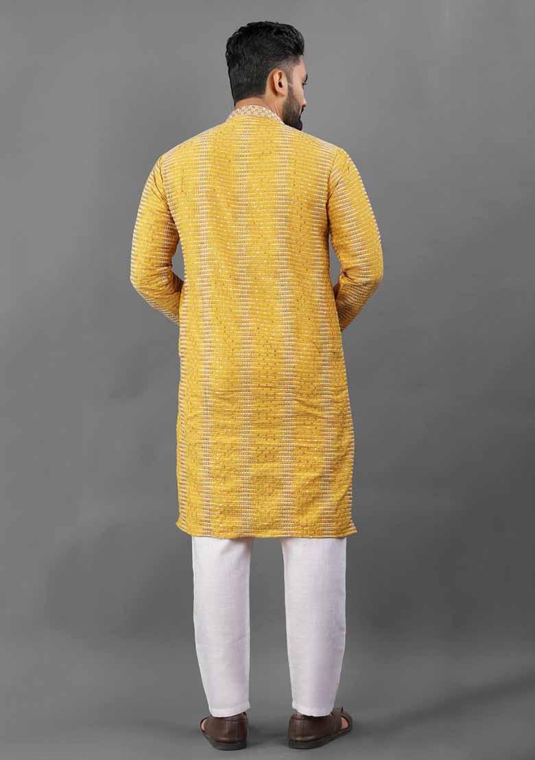 Yellow Solid Poly Blend Kurta Set For Men