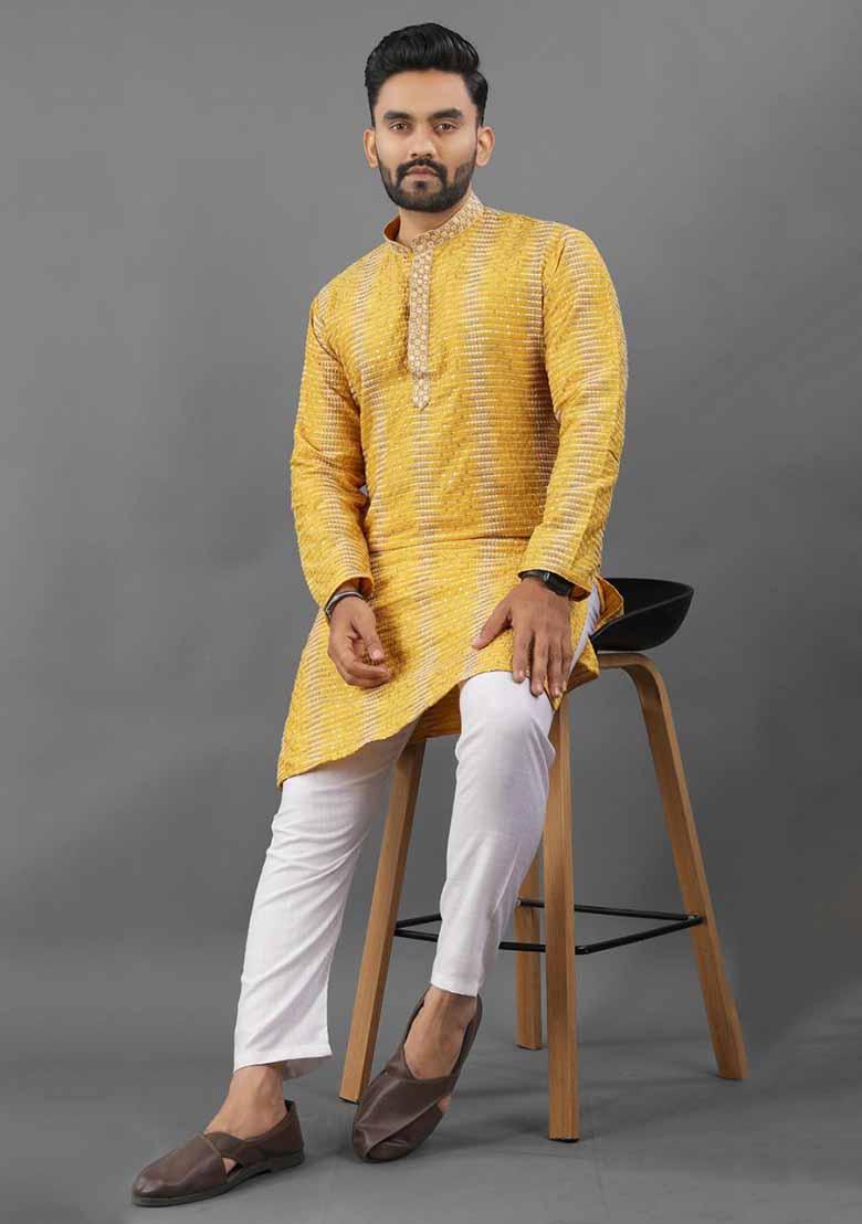 Yellow Solid Poly Blend Kurta Set For Men