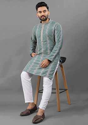 Green Solid Poly Blend Kurta Set For Men