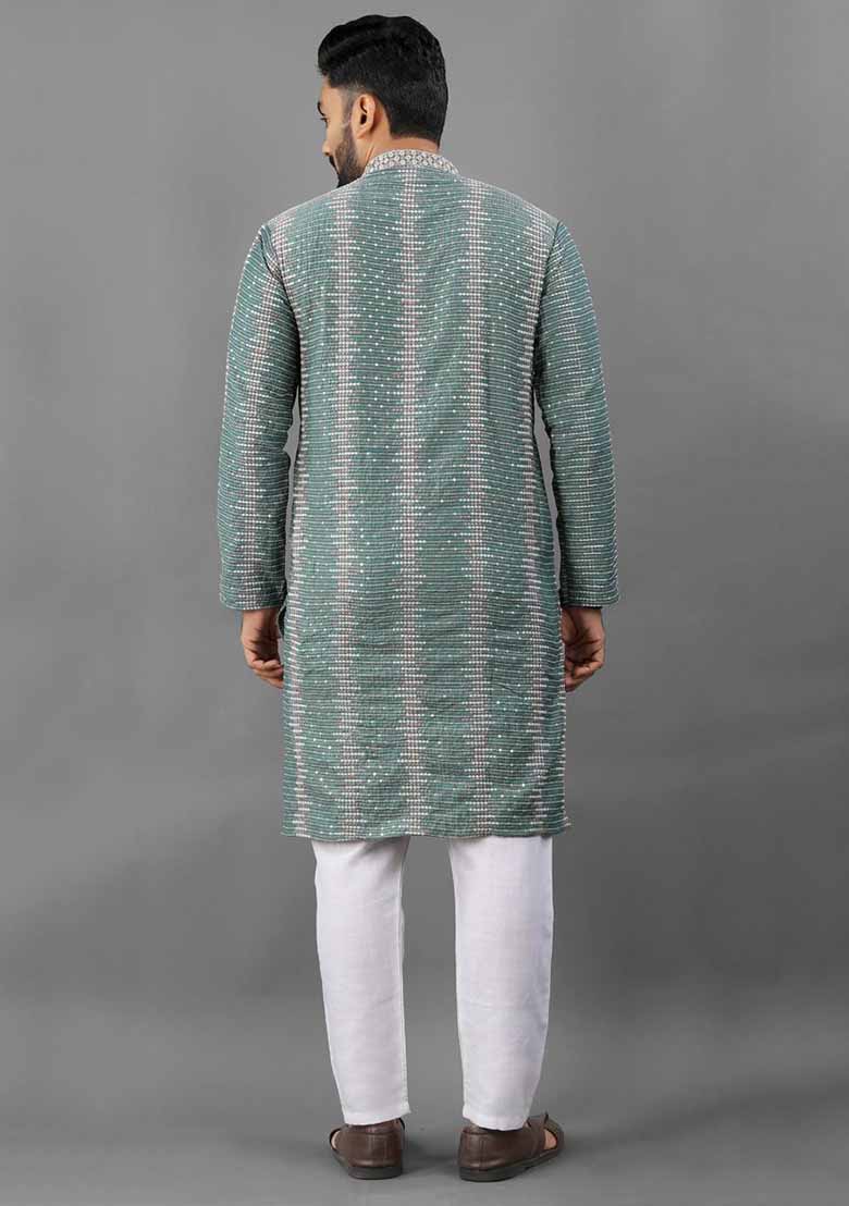 Green Solid Poly Blend Kurta Set For Men