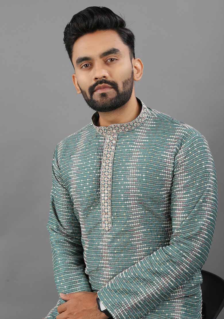 Green Solid Poly Blend Kurta Set For Men