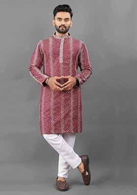 Maroon Solid Poly Blend Kurta Set For Men
