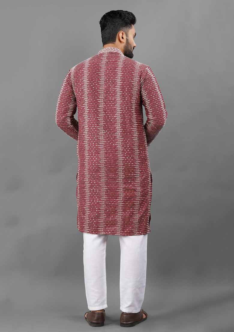 Maroon Solid Poly Blend Kurta Set For Men