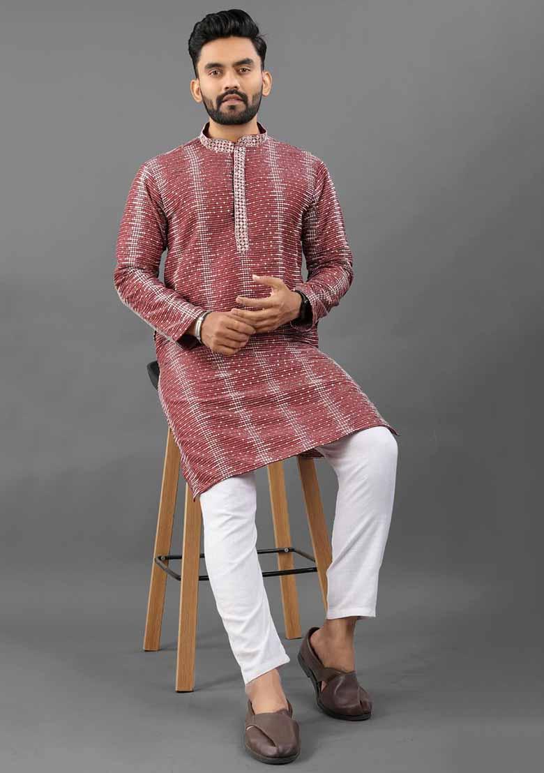 Maroon Solid Poly Blend Kurta Set For Men