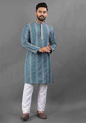 Blue Solid Poly Blend Kurta Set For Men