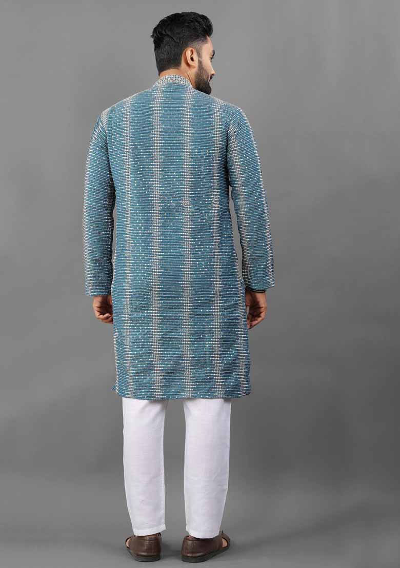 Blue Solid Poly Blend Kurta Set For Men