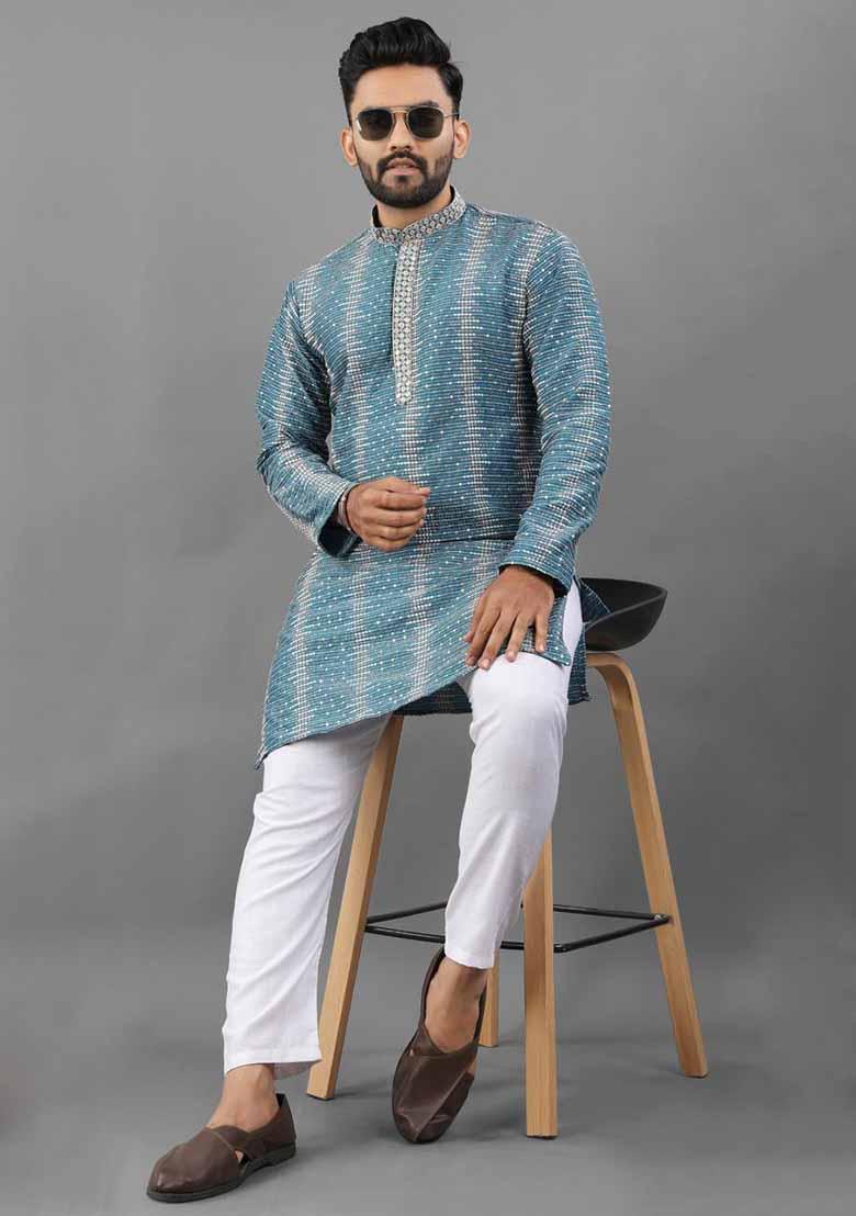 Blue Solid Poly Blend Kurta Set For Men
