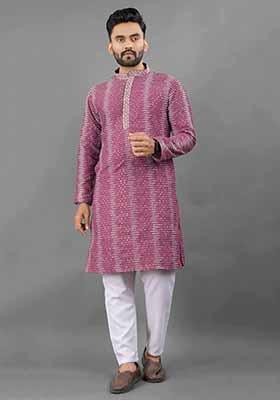Pink Solid Poly Blend Kurta Set For Men