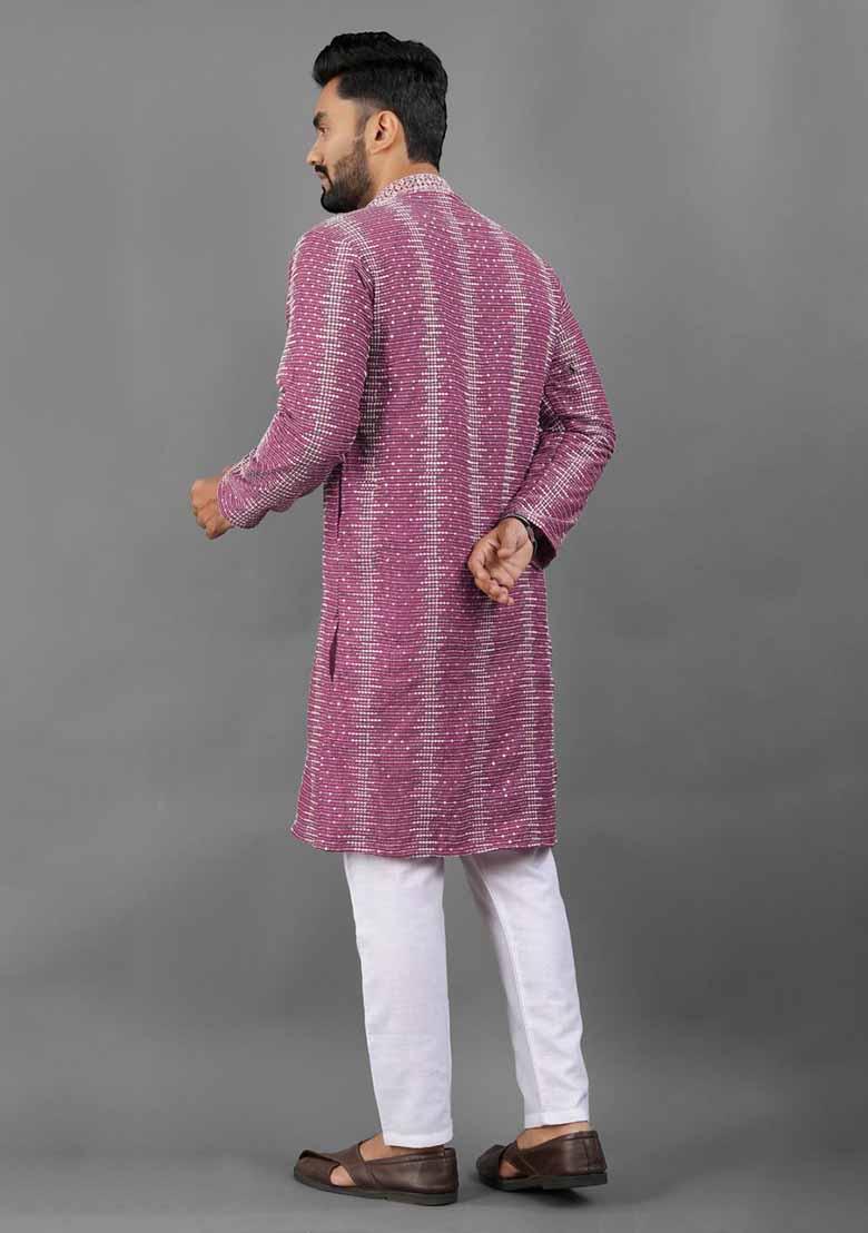 Pink Solid Poly Blend Kurta Set For Men
