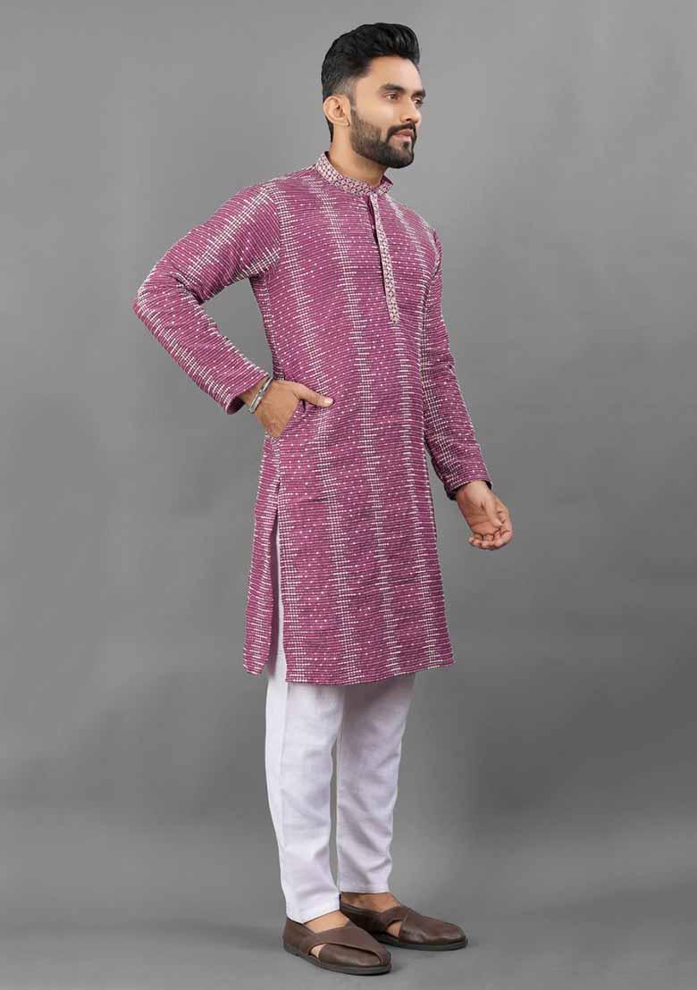 Pink Solid Poly Blend Kurta Set For Men