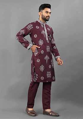 Maroon Solid Russian Silk Kurta Set For Men