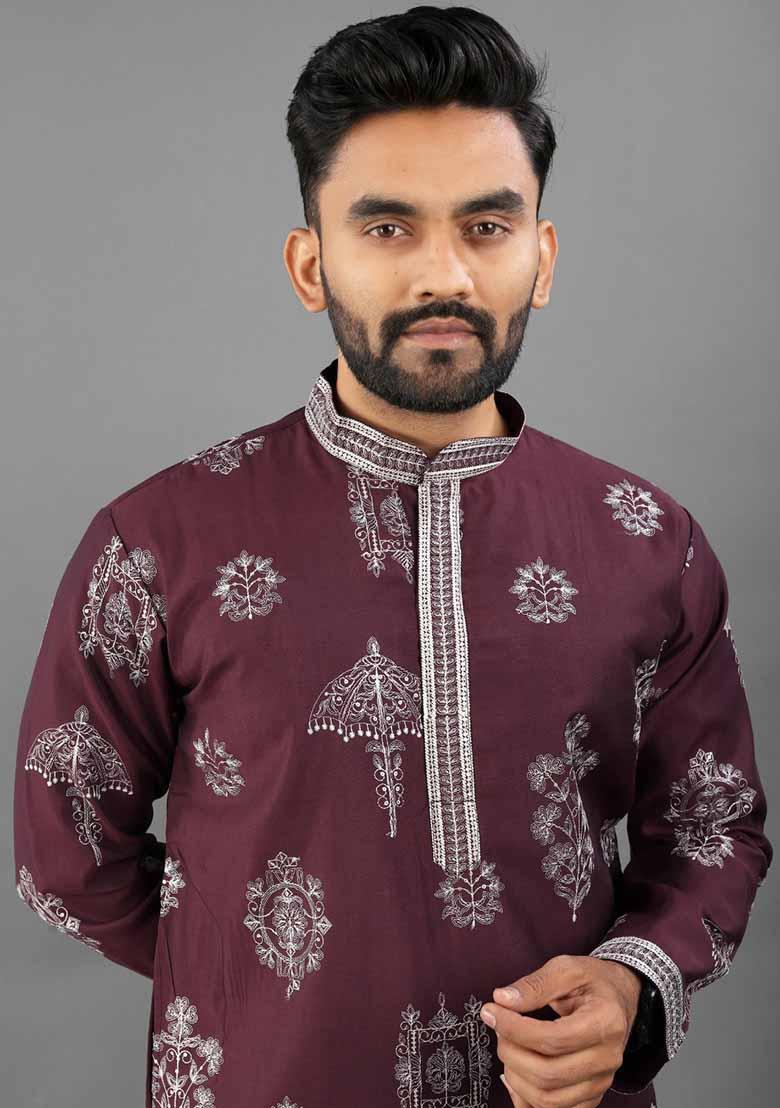 Maroon Solid Russian Silk Kurta Set For Men