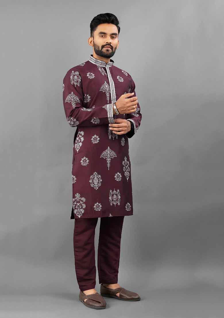 Maroon Solid Russian Silk Kurta Set For Men