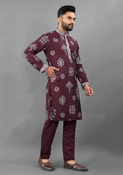 Maroon Solid Russian Silk Kurta Set For Men