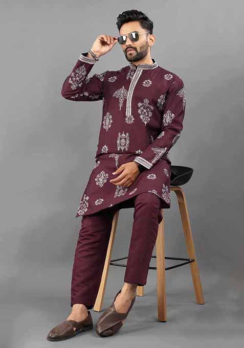 Maroon Solid Russian Silk Kurta Set For Men