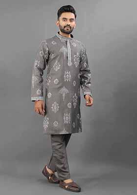 Grey Solid Russian Silk Kurta Set For Men