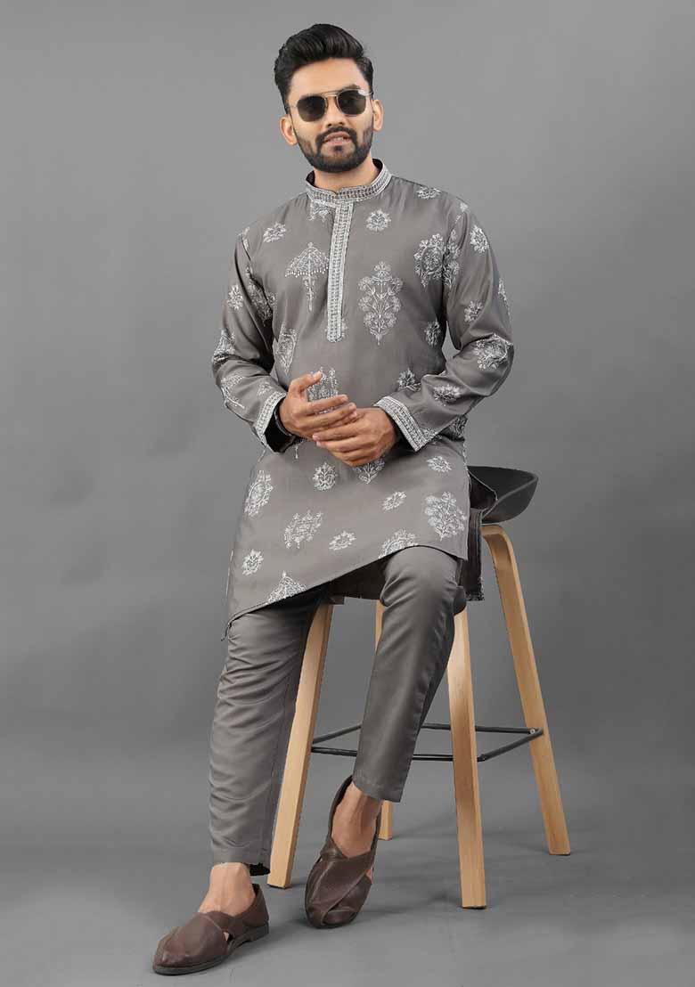 Grey Solid Russian Silk Kurta Set For Men