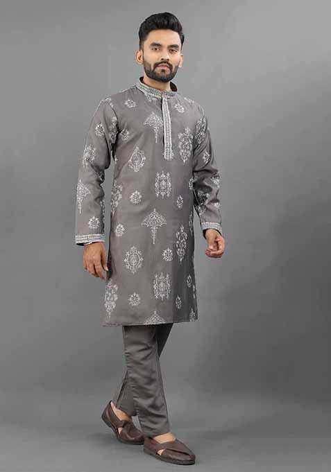 Grey Solid Russian Silk Kurta Set For Men